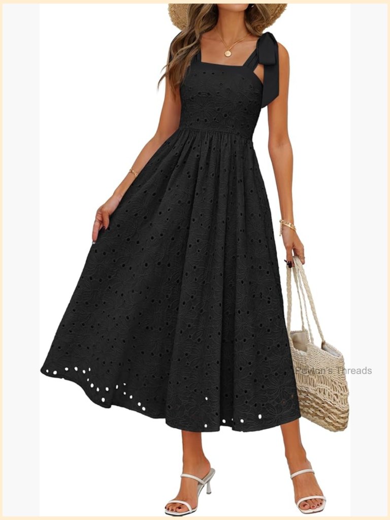 Square Neck Eyelet Sundress Sleeveless Flowy A Line Maxi Dress With Pockets